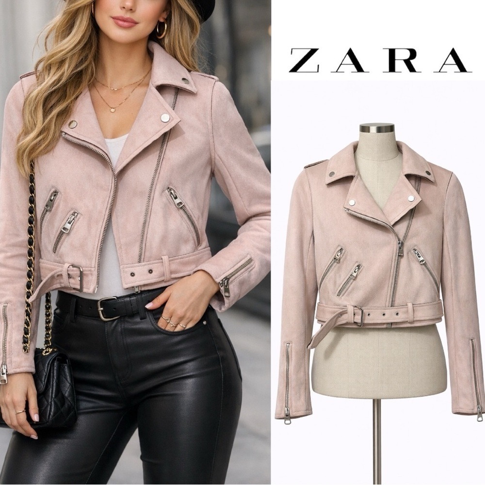 Zara | EUC Blush Suede Moto Jacket w/ Belt (Size S)